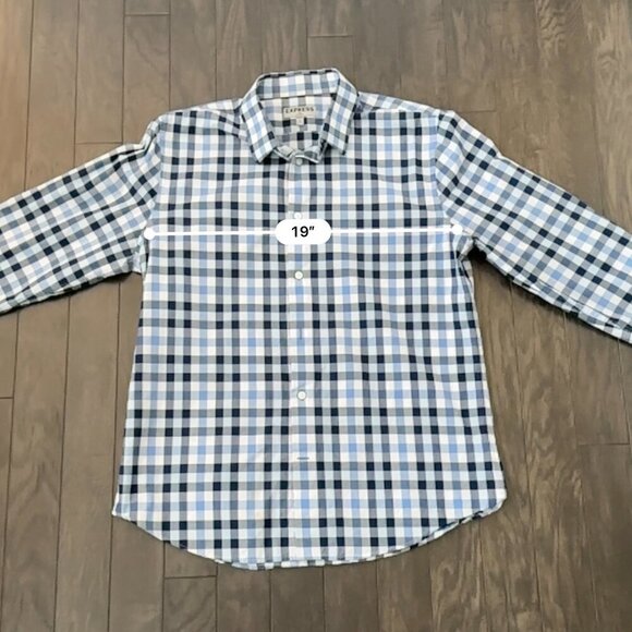 Express Blue & White Check Large 16-16.5 Fitted Men's Button Down Shirt - Picture 9 of 11